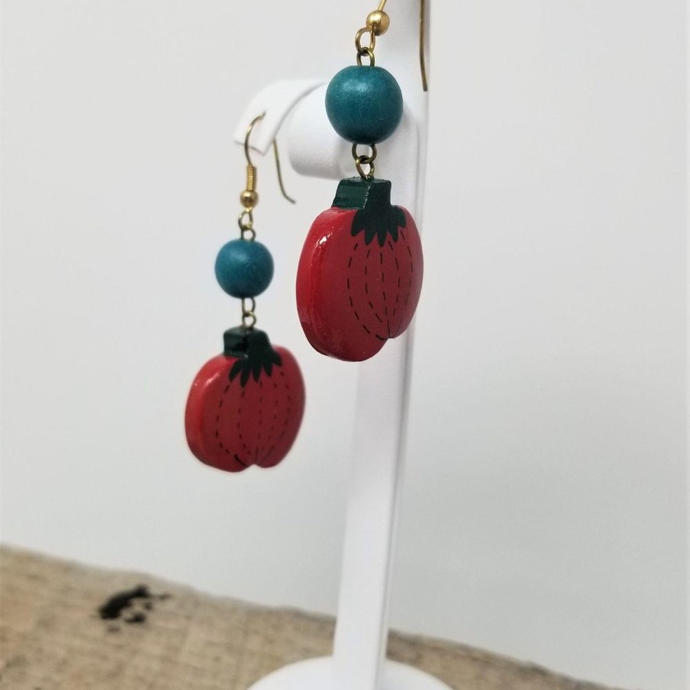 Pumpkin Painted Wood Earrings Pierced - Picture 3 of 4